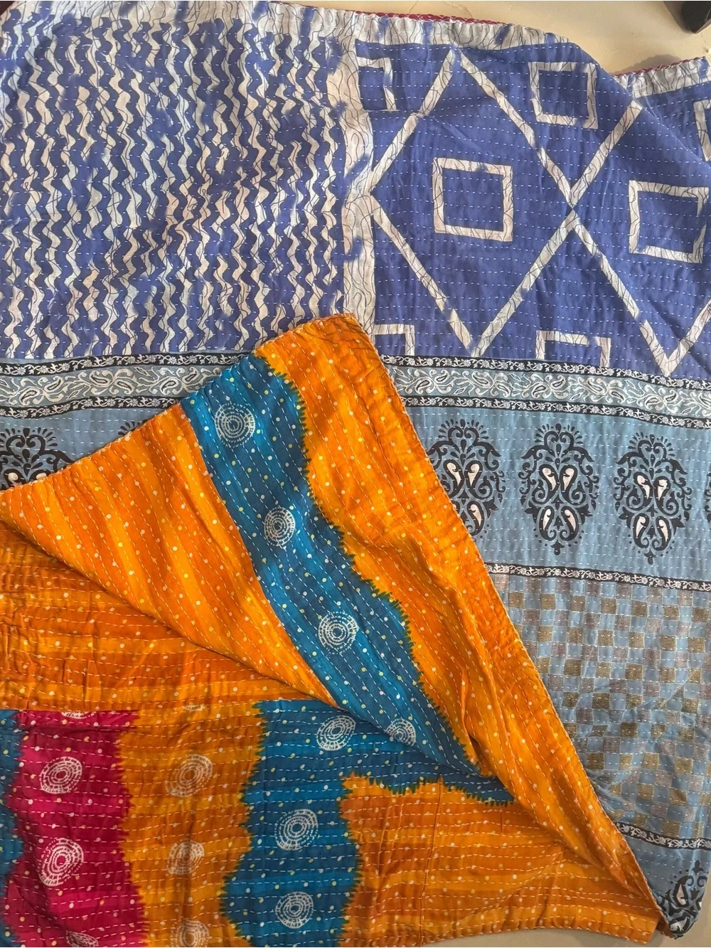 Kantha Throw Blanket - Multicolor (Orange, Blue, Pink, Purple) Vintage